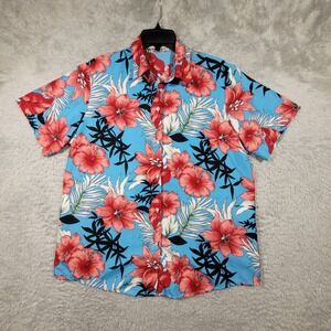 SSLR Hawaiian Shirt Blue Red Floral Print Short Sleeve Button Down XL